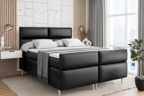 ALTDECOR Boxspringbett mit Holz Füßen, Matratze und Lattenrost, Topper, Fußteil, Polsterbett mit Bettkasten, Bett mit Stauraum H3- und H4- Matratze -BOXI3-FD-Z KING-200x200 - Schwarz Kunstleder