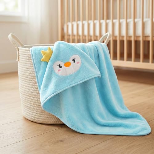 Image of Story@Home Towel for Kids with Hood |300 GSM (80 X 80CM) Quick Dry Kids Towel | Soft Lightweight Baby Wrap for Beach | Pool Towel for Boys & Girls |Kids microfiber towels for bath - Sky Blue - Penguin