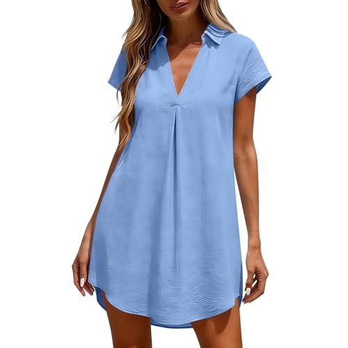 Generisch Vestido de muselina para mujer, de verano, manga corta, vestido de playa, minivestido de cuello en V, informal, vestido de verano, vestido de blusa, monocolor, elegante, vestido camisero