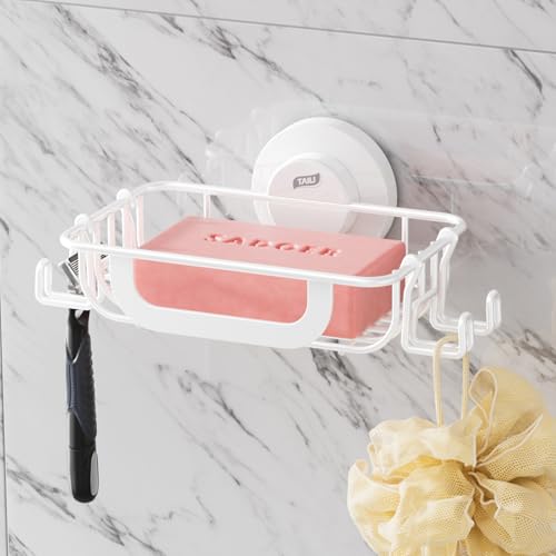 Image of TAILI Soap Holder, Soap Dish Suction Cup with Hooks, Stainless Steel, White
