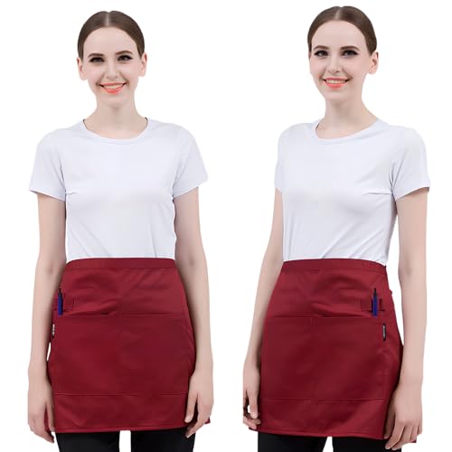 Luxvara 2 Pack Serveuse Courts Tablier, Tablier de Cuisine Femme, Étanche avec 2 Poches, Professionnel Tabliers Homme Femme, pour Cuisine Familial, Restaurant Jardin...