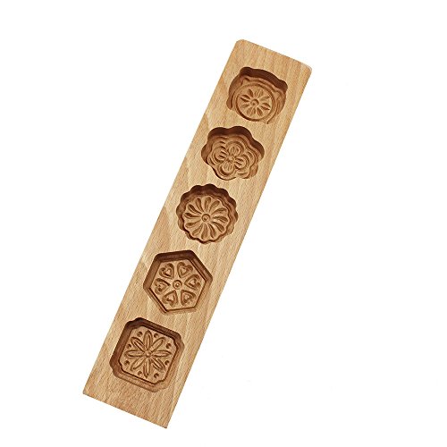 Mould Press,5 Flower Environmental Wooden Muffin And Mooncake Cups Handmade Soap Molds Biscuit Chocolate Ice Cake Candy,Cake Pans,Baking Decoration Mold 12.5" Wood Color #TOP5