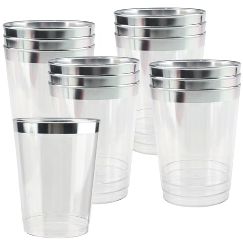 MOUYAT 100 PCS 360ml Silver Rimmed Plastic Cups, 12oz Plastic Cocktail Glasses Clear Tumblers, Party Drinking Cups for Birthdays, Weddings, Christmas, Picnic, Parties, and Events