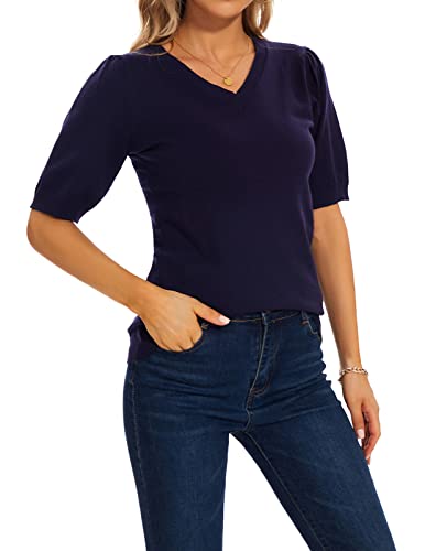 Mintlimit Womens Puff Short Sleeve Sweaters Pullover Shirt Tops V Neck Knit Sweater Spring Summer Casual Tops Royal Blue #TOP6