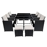Panana 10 Seater Rattan Garden Dining Set with Large Table, 6 Chairs & 4 Stools, Space Saving Outdoor Furniture for Patio, Conservatory & Garden (Black Rattan with Beige Cushions)