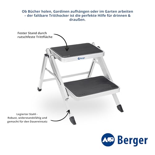 BERGER Trittleiter 2 Stufen klappbar | zusammenklappbar mit Rutschfester Gummimatte | Trittstufe Wohnwagen Tritt 2 Stufen | klappbarer Tritthocker - bis 150 kg belastbar (Legierter Stahl)