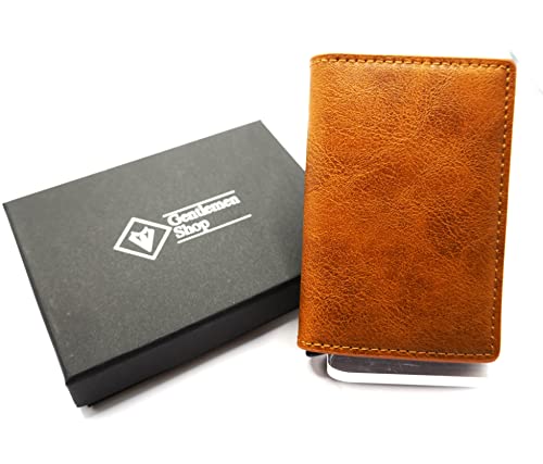 Leather and Carbon Fiber Slim Wallets, Modern POP-UP aluminum casing and TRIFOLD hybrid, RFID block, Minimalist, (Brown Leather)2