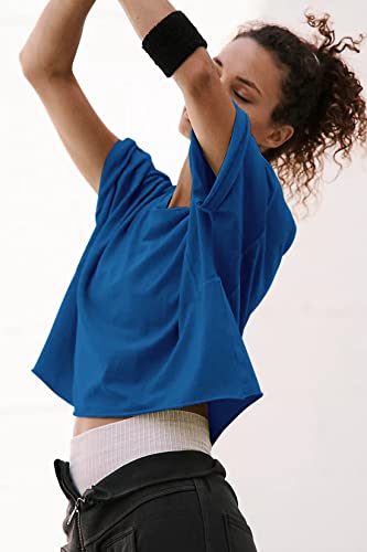 Image of HUGOOME Womens Oversized Workout Crop Top Casual Short Sleeve Boxy Roll Hem | Basic Half Split Sleeve Drop Shoulder Loose Yoga Running Gym Tee Cropped T-shirt Solid Trendy Relaxed Daily Tee