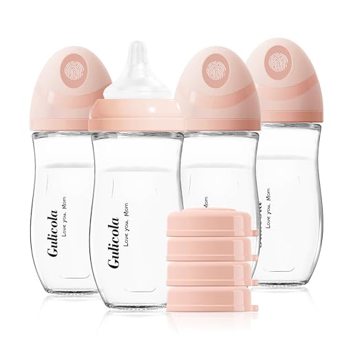Image of Gulicola Natural Glass Baby Bottle 8 oz for Breastfed Babies, Anti-Colic Baby Bottle Set with Medium Flow Nipple, 3 Months +, 4 Pack - Pink