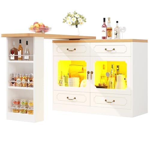 Moderna mesa LED extensible – Elegante isla de cocina con espacio de almacenamiento y puerto USB, diseño elegante con función giratoria de 360°, cuatro cajones y estantes abiertos para un uso flexible