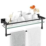SFGSOWOR 20-inch Glass Shelf with Towel bar, Matte Black-Finished Rail, Rectangular Stainless Steel Shelf, Wall-Mounted Storage Rack