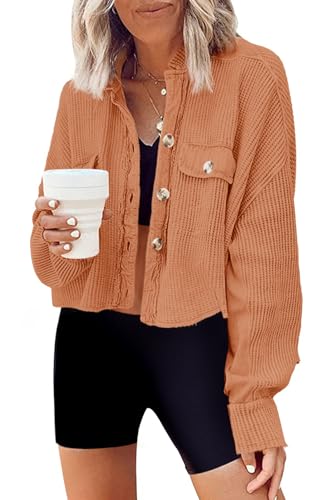 Image of Panadila Women's Cropped Waffle Knit Shacket Short Button Down Jacket Batwing Sleeve Shirts with Pocket