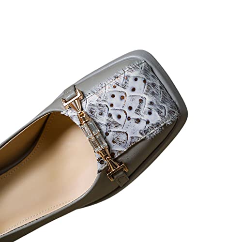 TinaCus Handmade Women's Patchwork Leather Square Toe Rhinestone Slip On High Block Heel Dress Pumps2