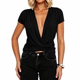 LOFAAC Women Y2k Wrap Deep V Neck Draped Front T-Shirts Solid Slim Fit Ruched Short Sleeve Tees...