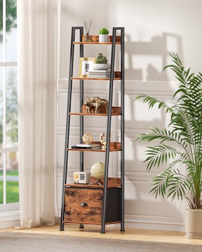 Image of Furologee 6 Tier Ladder Shelf,Ladder Bookshelf with Drawer,Industrial Tall Bookcase,Storage Rack Organizer,Wood Metal Freestanding Shelves for Living Room, Home Office, Bedroom,Rustic Brown