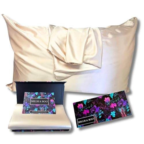 Millie & Boo Federa in seta biologica, 22 momme, per capelli e pelle, 50 x 75 cm, con chiusura a cerniera e confezione regalo, federa di lusso da donna, grado 6A (champagne)
