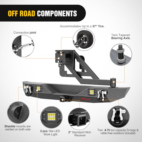 Image of Nilight Rear Bumper with Spare Tire Carrier for JK & Unlimited | For Wrangler JK & Unlimited (2 /4 Doors) 2007-2018 Hitch Receiver w 2 LED Lights D-rings