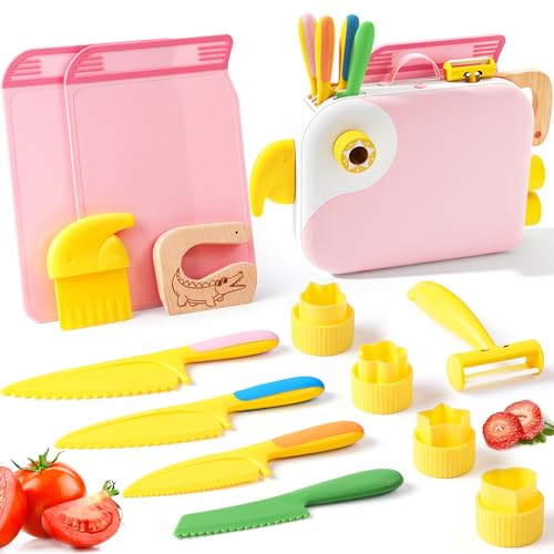 Yeeammk 13PCS Toddler Knife Set with Playful Bird Organizer Montessori Real Cooking Tools for Kids with Safe PP Material for Educational Fun (Pink)