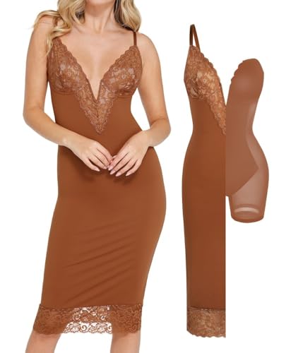 Image of Popilush Brown Corset Lace Shapewear Dress Deep V Bodycon Midi Dresses for Women Satin Drape Slip Club Party Night Out