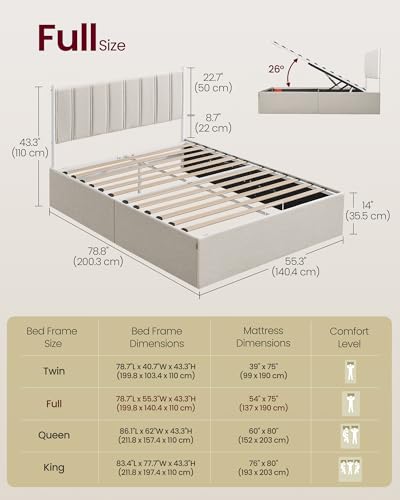 Image of VASAGLE Lift Up Storage Bed Frame, Full Size, Upholstered Headboard