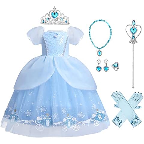 Kids Girls Cinderella Sofia Costume Princess Dress Up Fancy Butterfly Tulle Long Ball Gown+Accessories Fairy Dress Birthday Party Halloween Christmas Carnival Cosplay Blue+Pumpkin Car 2-3 Years Cover