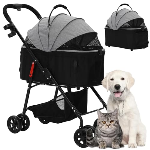 Siairo Poussette 3 en 1 pour chiens de taille moyenne, pliable, jusqu'à 20 kg, caisse de transport pour animaux de compagnie, avec siège auto amovible et compartiment alimentaire