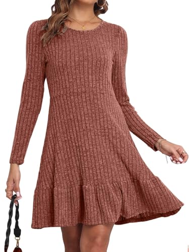Yutdeng Vestido Punto Mujer Vestido Manga Larga Vestidos Cortos Jersey Vestido Elegante con Volantes A-Line Cuello Redondo Suéter Lana Casual Vestido de Punto Mujer Invierno Otoño,Caramelo,S