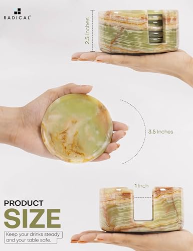 Radicaln Marble Coaster Set Round 3.5\" Inches Green Onyx Handmade Stone Drink Coasters Set of 6 with Holder for Coffee Table and Dining Table Decor