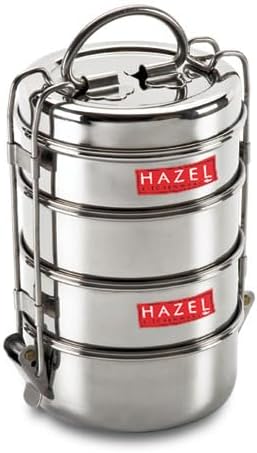Hazel Steel Tiffin Box for Office | Stainless Steel Lunch Box Set with 4 Containers | Multipurpose Steel Lunch Box with Shiny Silver Finish for Daily Usage