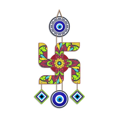 Image of Artvibes Decorative Swastik Wall Hanging with Evil Eye & Mandala Design | Auspicious Hindu Vastu Decor for Positive Energy and Good Fortune | Wooden Hanging Ornament for Entrance Door (WH 85103N)