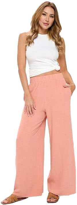 Women Wide Leg Linen Palazzo Pants Regular Waist Boho Flowy Pants with Pocket Travel Trousers - Made in USA - Image 4