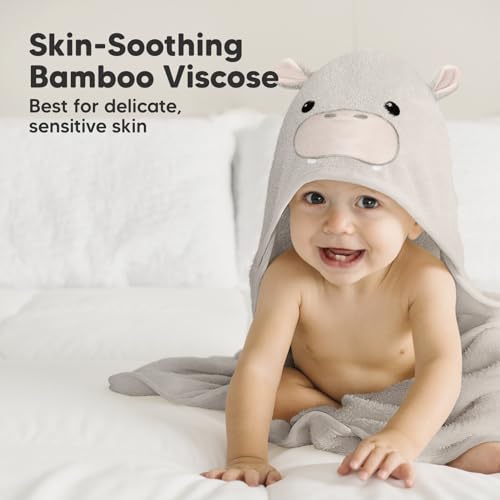Image of KeaBabies Hooded Baby Towel for Newborn, Baby Bath Towels (Hippo, 35x35) | Viscose Derived from Bamboo, Large Baby Towels with Hood, Boys, Girls, Toddler, Soft Absorbent Baby Bath Essentials