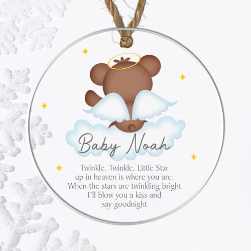 Image of "Personalised 'Twinkle, Twinkle Little Star' Baby Memorial Bauble Plaque - Custom Keepsake Ornament with Angel Teddy Design (Clear Background, Acrylic Indoor & Outdoor Use 9cm x 9cm)