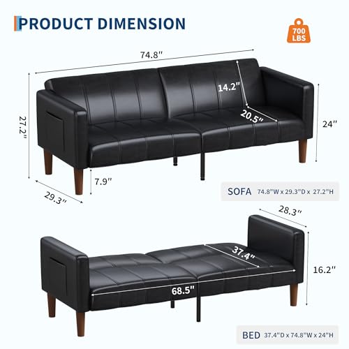 Image of GarveeHome Futon Sofa Bed, 75-Inch Modern Faux Leather Convertible Couch, Mid-Century Loveseat for Small Space, Living Room, Bedroom, Black