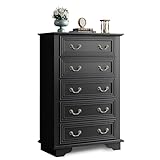 WLIVE Farmhouse Dresser for Bedroom, Tall Wood Dresser with 5 Drawer, Chest of Drawers with Roman Metal Handle for Living Room, Hallway, Closet, Black