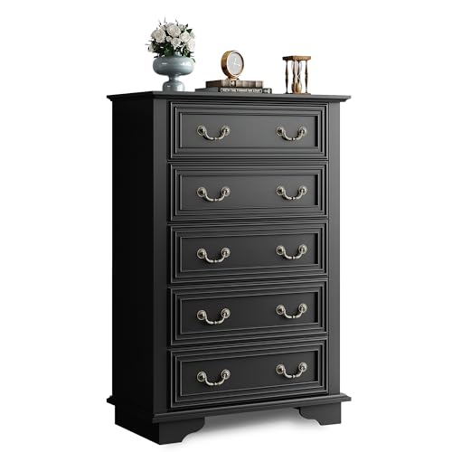 WLIVE Farmhouse Dresser for Bedroom, Tall Wood Dresser with 5 Drawer,...