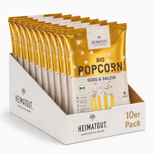HEIMATGUT Bio Vegan Popcorn Süß & Salzig | Premium Butterflycorn Popcorn-Mais | Mit Bio Kokosöl | Ohne Butter & Palmöl | Glutenfrei | Veganer Snack ohne künstliche Zusätze | 10 x 90 g