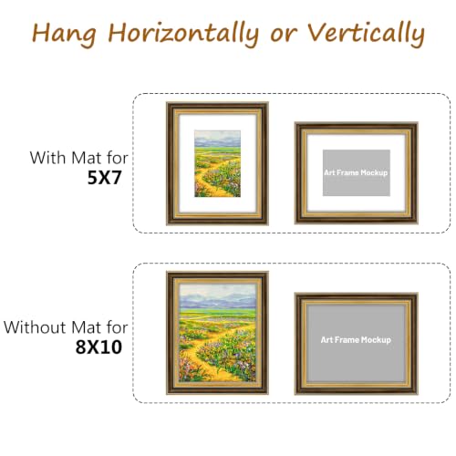 Image of Golden State Art,8x10 Ornate Picture Frame Holds 5x7 Photo,Brown Gold | Includes real glass front,white mat,easel stand,build-in hangers and buttons.Displays 5x7 photo on wall or tabletop
