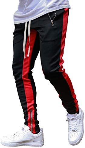 FLYFIREFLY Men's Gym Sport Pants Hip Hop Slim Fit Track Pants Workout Running Athletic Jogger Bottom Black Red
