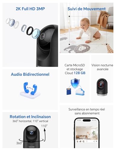 WOLFANG Camera Interieur 2K WiFi, Caméra Intérieure 360° PTZ avec Suivi Automatique, Vision Nocturne & Audio Bidirectionnel, Babyphone avec Caméra, Compatible Alexa & Google Home, Lot de 2 – vue 2