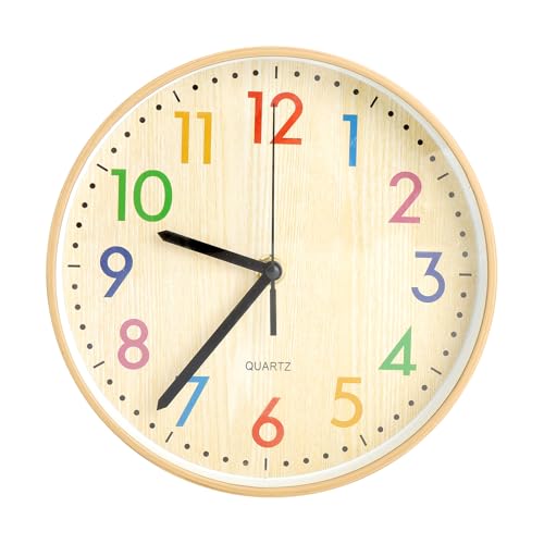 VOSSOT Horloge Murale pour Chambre d'enfant Silencieuse Adulte et Enfant Lettres, 8 Pouces colorées Murale Horloge en Bois Quartz pour école Bureau Salon...