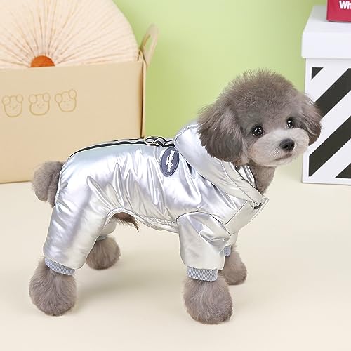 Izefia Dog Coat Windproof Jacket Cold Weather Coats 4 Legs Warm Jumpsuit Winter Thick Clothes Snow Proof Cotton Coat for Small Dog Medium Cat Silver M - Image 3