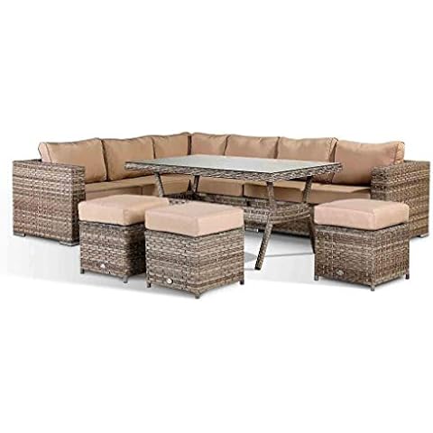 Club Rattan Isobella Corner Sofa with Dining Table and 3 Stools in Wide Brown Rattan Cover