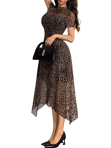 Image of GothDark Women Summer Wedding Guest Floral Mesh Irregular Hem Midi Dress | A-Line, Short Sleeve, Sheer Mesh Overlay, Elegant Vintage Dresses For Party, Semi Formal, Vacation, Dinner, Church