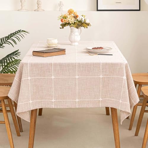 SIELUNO Rectangle Table Cloth Cotton Linen Waterproof Embroidery Tablecloth Rustic Farmhouse Style for Indoor Outdoor Dinning Tabletop Decoration-Plaids Coffee-54 x70
