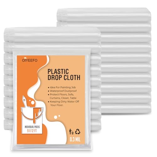 Oiyeefo 20 Pcs Plastic Sheeting Drop Cloths for Painting, 9x12ft Plastic Tarp Waterproof Dustproof Almost Tear Resistance Multi-Purpose Furniture Cover Floor Wall Protection Film