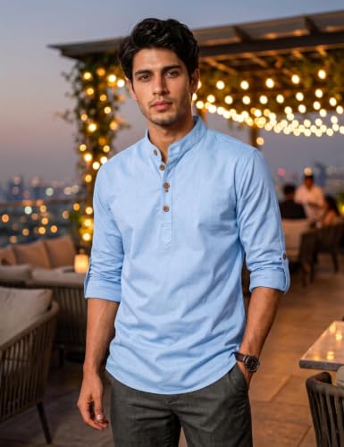 Image of Fifth U Men's Cotton Polyester Blend Solid Mandarin Collar Self Design Full Sleeve Casual Short Kurta