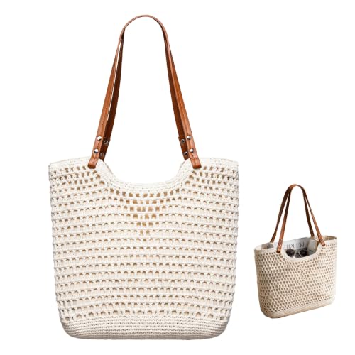 Image of Crochet Beach Bags for Women, 35 x 33 x 2cm Woven Tote Bag Summer Boho Bag | Holiday Shoulder Handbag, Lightweight Mesh Shoulder Bags with Zipper & Leather Handle for Travel Vacation Shopping