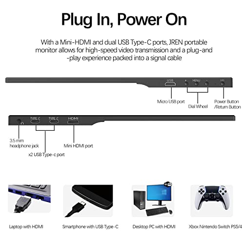 Jren Portable Monitor, 15.6 Inch Fhd 1080P Usb-C Hdmi External Monitor,Hdr Ips Gaming Monitor For Laptop, Desktop, Macbook, Phones, Tablet, Ps5/4, Xbox, Switch, Built-In Speaker With Protective Case #TOP1