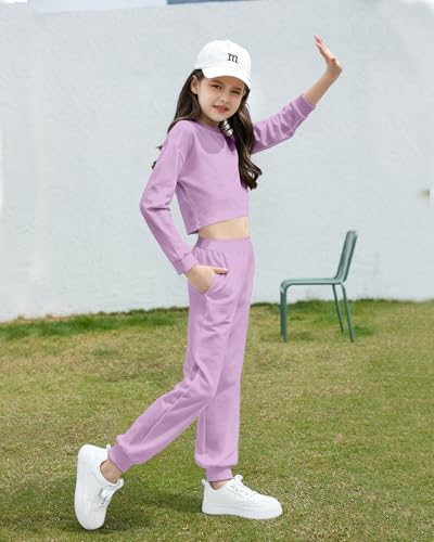 Image of Betusline Girls 2 Piece Outfits Girls Cropped Sweatsuit Pants Outfit Clothes Set, 4T-14 Years